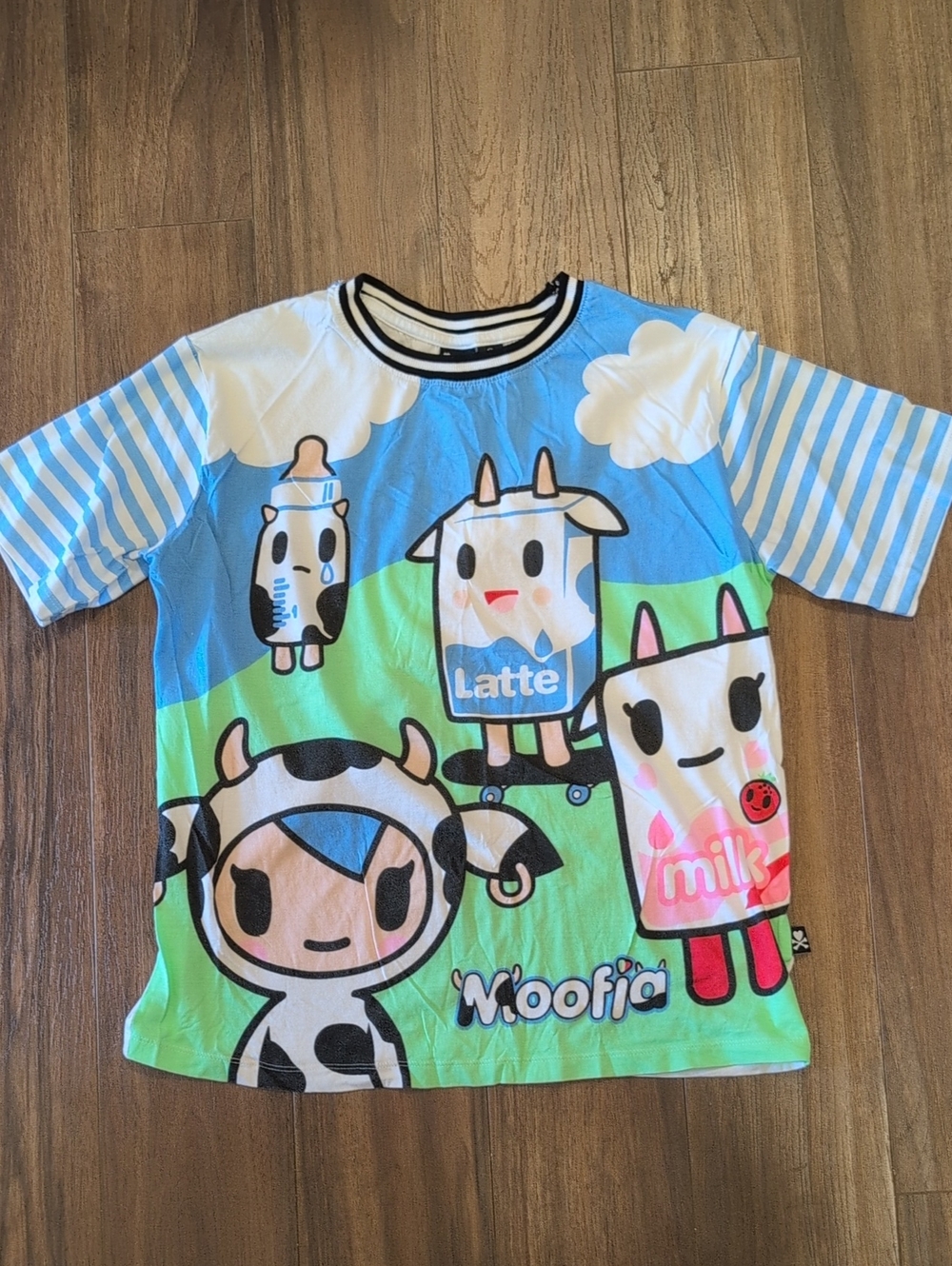 Toki Doki Moofia Latte Cow Graphic Tee - Blue & Green Shirt Stripe Sleeve